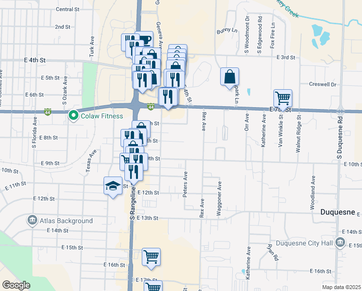 map of restaurants, bars, coffee shops, grocery stores, and more near 3128 East 9th Street in Joplin