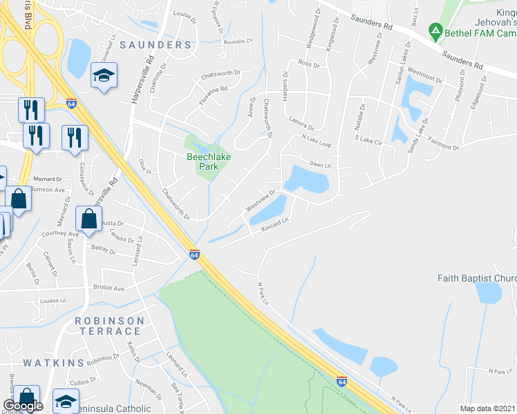 map of restaurants, bars, coffee shops, grocery stores, and more near 347 Westview Drive in Hampton