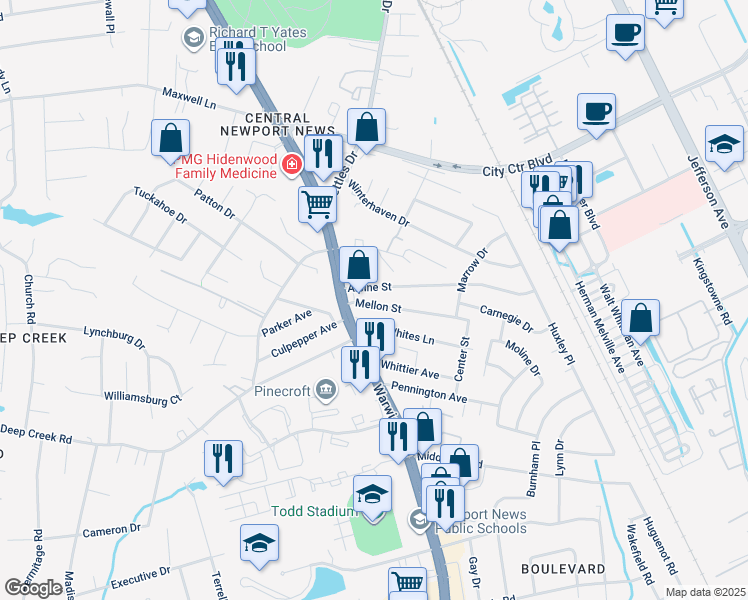 map of restaurants, bars, coffee shops, grocery stores, and more near 5C Mellon Street in Newport News