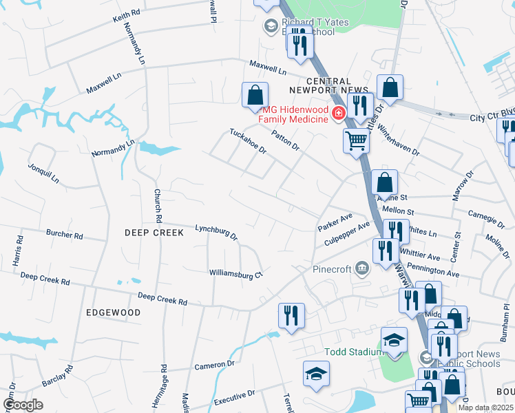 map of restaurants, bars, coffee shops, grocery stores, and more near 128 Parker Avenue in Newport News