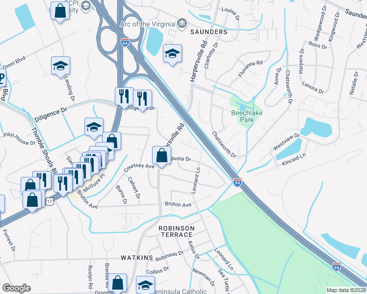 map of restaurants, bars, coffee shops, grocery stores, and more near 745 Leonard Lane in Newport News