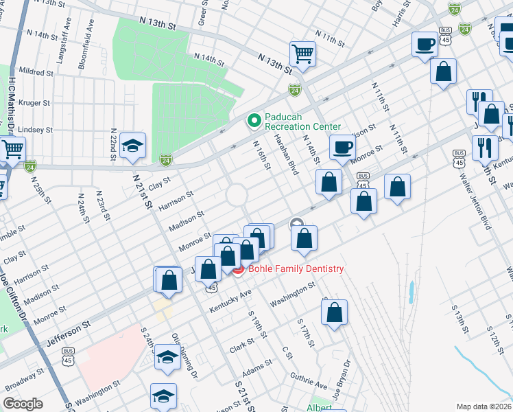 map of restaurants, bars, coffee shops, grocery stores, and more near 300 Fountain Avenue in Paducah