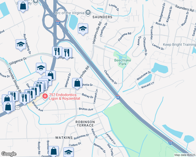 map of restaurants, bars, coffee shops, grocery stores, and more near 732 Leonard Ln in Newport News