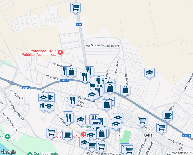 map of restaurants, bars, coffee shops, grocery stores, and more near 155 Strada Provinciale 8 in Gela