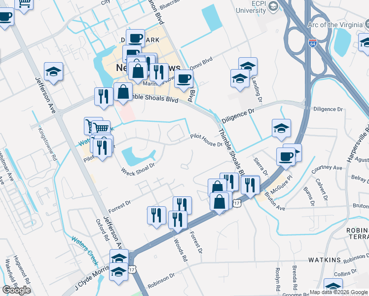 map of restaurants, bars, coffee shops, grocery stores, and more near 209 Nantucket Place in Newport News