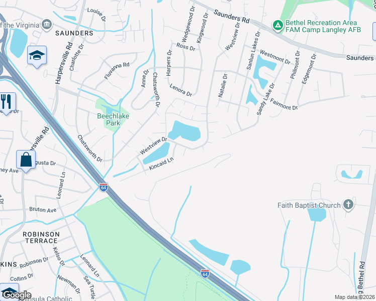map of restaurants, bars, coffee shops, grocery stores, and more near 1 Wild Duck Court in Hampton