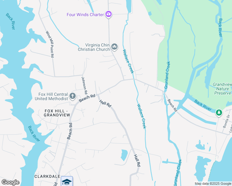 map of restaurants, bars, coffee shops, grocery stores, and more near 726 Beach Road in Hampton