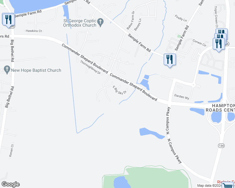 map of restaurants, bars, coffee shops, grocery stores, and more near 16 East Big Sky Drive in Hampton