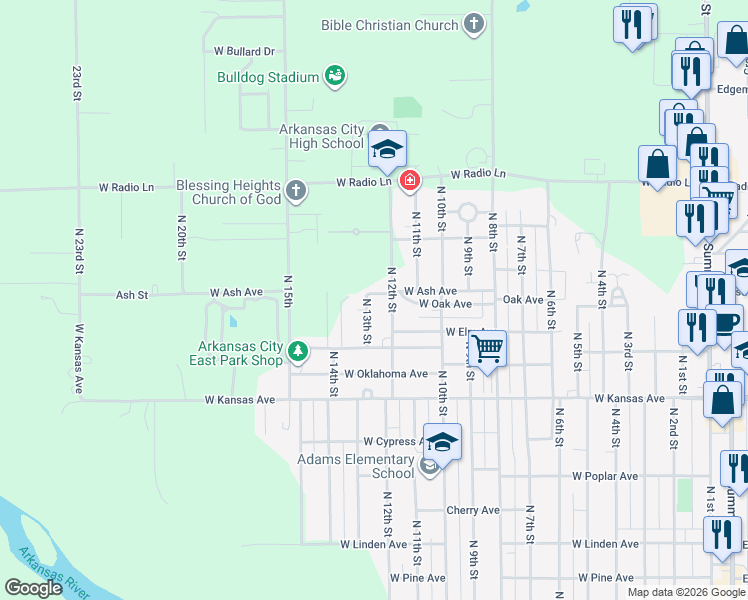 map of restaurants, bars, coffee shops, grocery stores, and more near 1640 North 13th Street in Arkansas City