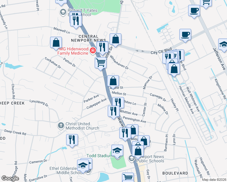map of restaurants, bars, coffee shops, grocery stores, and more near 12562 Warwick Boulevard in Newport News