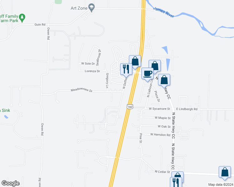 map of restaurants, bars, coffee shops, grocery stores, and more near 624-626 Meadowview Drive in Nixa