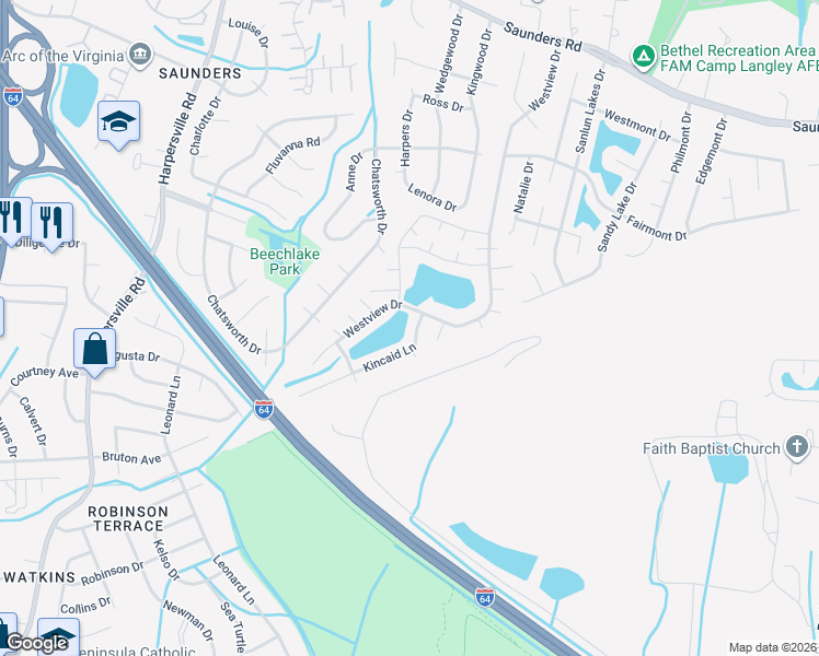 map of restaurants, bars, coffee shops, grocery stores, and more near 8 Kincaid Lane in Hampton