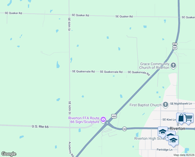 map of restaurants, bars, coffee shops, grocery stores, and more near 6266 Southeast Quakervale Road in Riverton