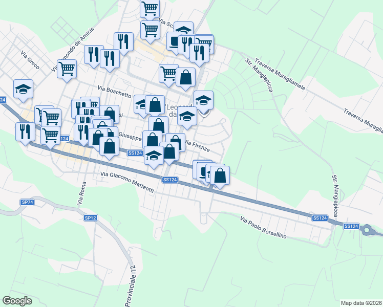 map of restaurants, bars, coffee shops, grocery stores, and more near 364 Via Giuseppe Giusti in Floridia