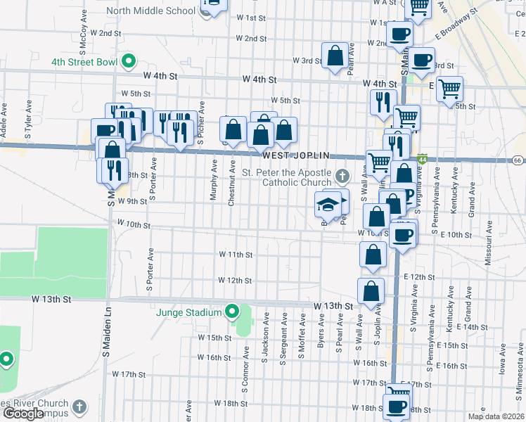 map of restaurants, bars, coffee shops, grocery stores, and more near 905 South Connor Avenue in Joplin