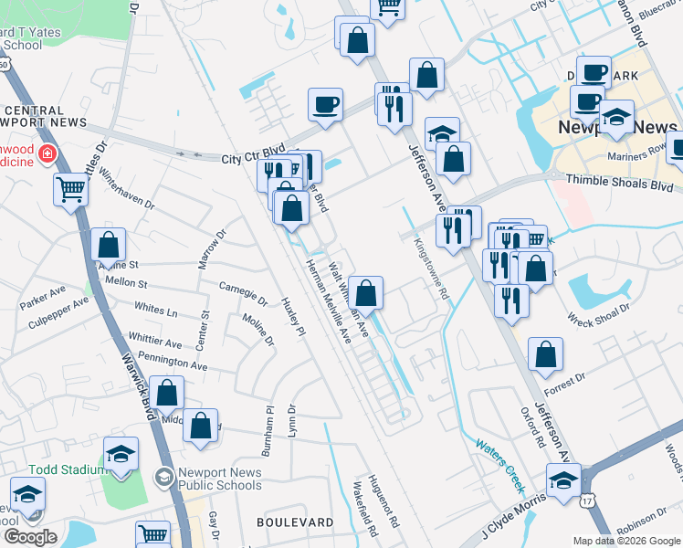 map of restaurants, bars, coffee shops, grocery stores, and more near 98 F Scott Fitzgerald Square in Newport News