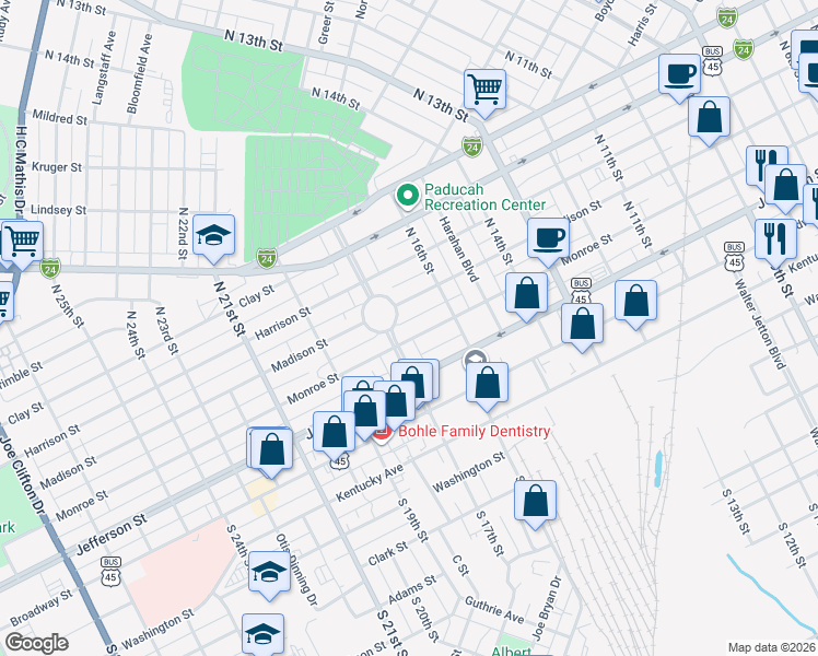 map of restaurants, bars, coffee shops, grocery stores, and more near 300 Fountain Avenue in Paducah