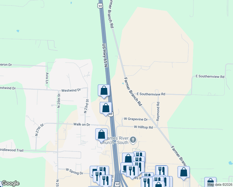 map of restaurants, bars, coffee shops, grocery stores, and more near U.S. 65 in Ozark