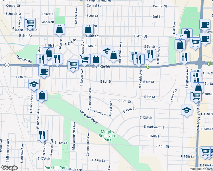 map of restaurants, bars, coffee shops, grocery stores, and more near 808 Forest Avenue in Joplin