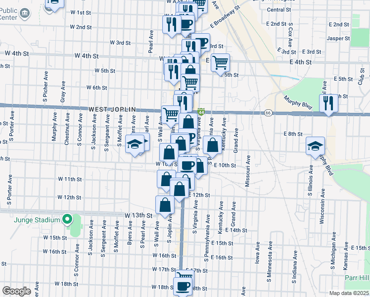map of restaurants, bars, coffee shops, grocery stores, and more near 100-198 E 9th St in Joplin