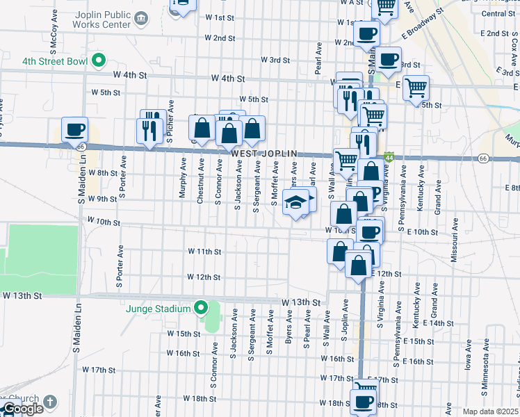 map of restaurants, bars, coffee shops, grocery stores, and more near 906 South Moffet Avenue in Joplin