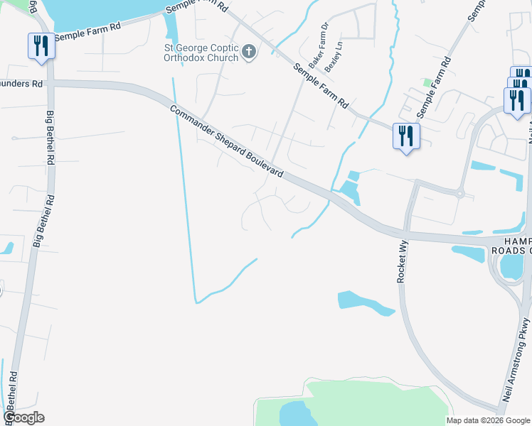 map of restaurants, bars, coffee shops, grocery stores, and more near 5 Henrys Fork Drive in Hampton