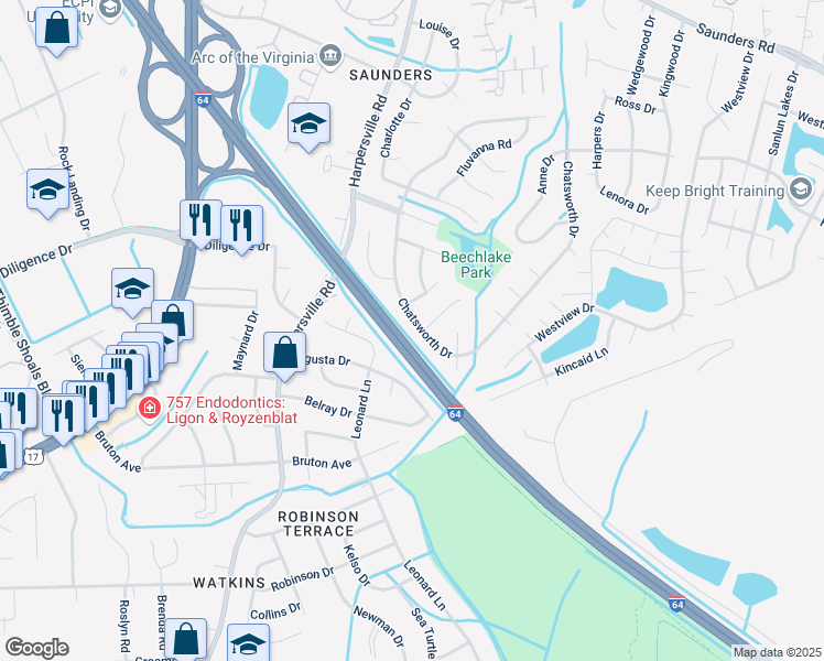 map of restaurants, bars, coffee shops, grocery stores, and more near 809 Chatsworth Dr in Newport News