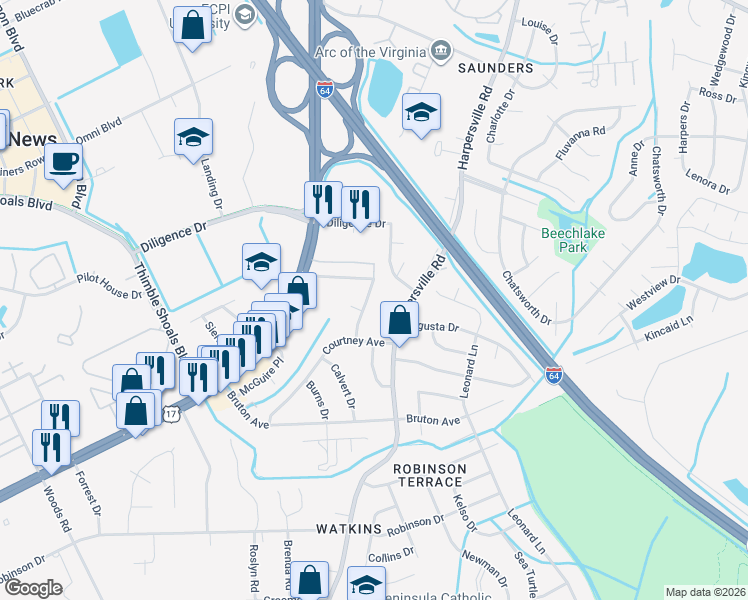 map of restaurants, bars, coffee shops, grocery stores, and more near 14 Maynard Drive in Newport News