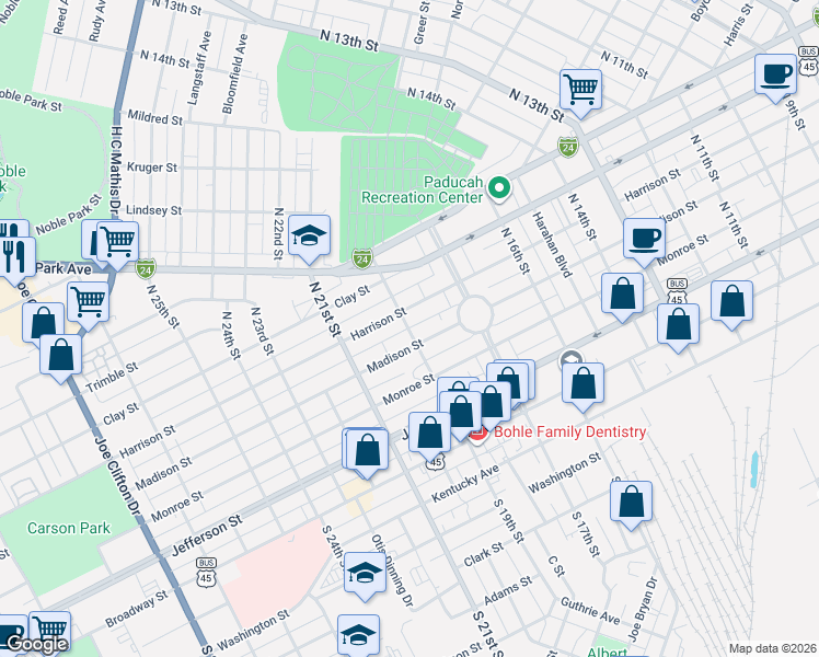 map of restaurants, bars, coffee shops, grocery stores, and more near 446 N 19th St in Paducah