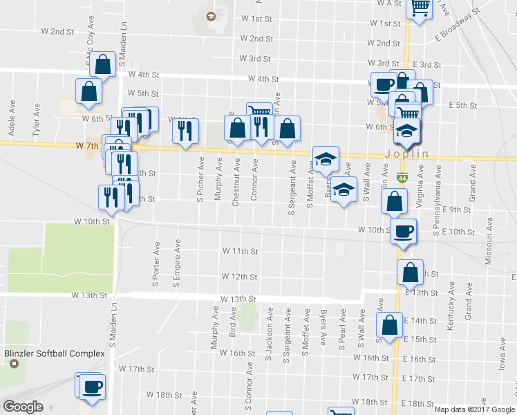 map of restaurants, bars, coffee shops, grocery stores, and more near 905 South Connor Avenue in Joplin