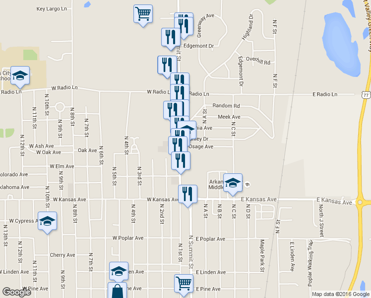map of restaurants, bars, coffee shops, grocery stores, and more near 1610 North Summit Street in Arkansas City