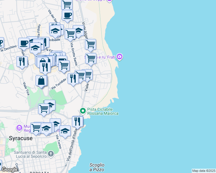 map of restaurants, bars, coffee shops, grocery stores, and more near 7 Via Liguria in Siracusa