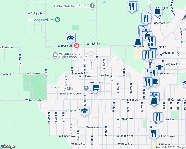 map of restaurants, bars, coffee shops, grocery stores, and more near 910 West Oak Avenue in Arkansas City