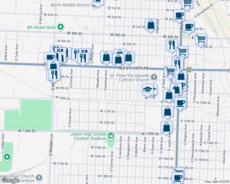 map of restaurants, bars, coffee shops, grocery stores, and more near 905 South Connor Avenue in Joplin