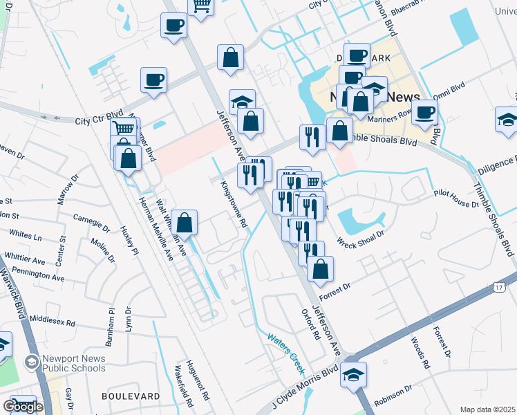 map of restaurants, bars, coffee shops, grocery stores, and more near 11739 Jefferson Ave in Newport News