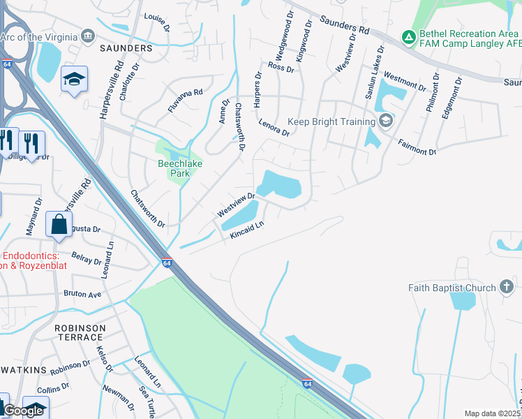 map of restaurants, bars, coffee shops, grocery stores, and more near 6 Kincaid Lane in Hampton
