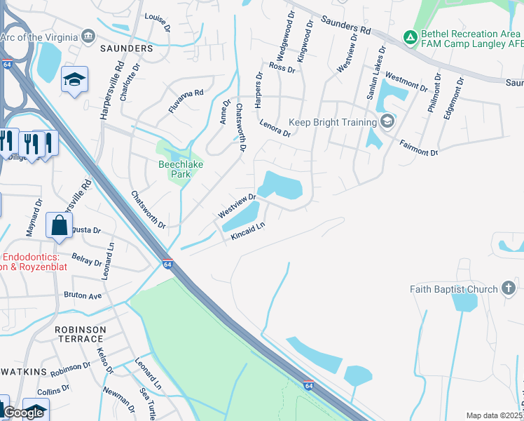 map of restaurants, bars, coffee shops, grocery stores, and more near 6 Kincaid Lane in Hampton