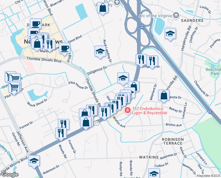 map of restaurants, bars, coffee shops, grocery stores, and more near 763 Pueblo Road in Newport News