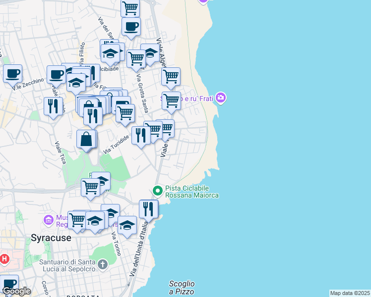map of restaurants, bars, coffee shops, grocery stores, and more near 21 Via Lombardia in Siracusa