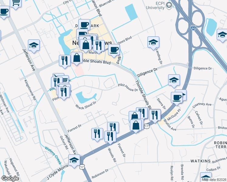 map of restaurants, bars, coffee shops, grocery stores, and more near 209 Nantucket Place in Newport News