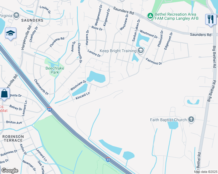 map of restaurants, bars, coffee shops, grocery stores, and more near 3 Mallard Court in Hampton