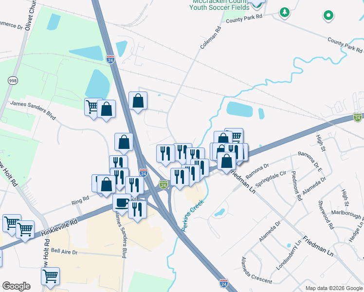 map of restaurants, bars, coffee shops, grocery stores, and more near 3204 Coleman Road in Paducah