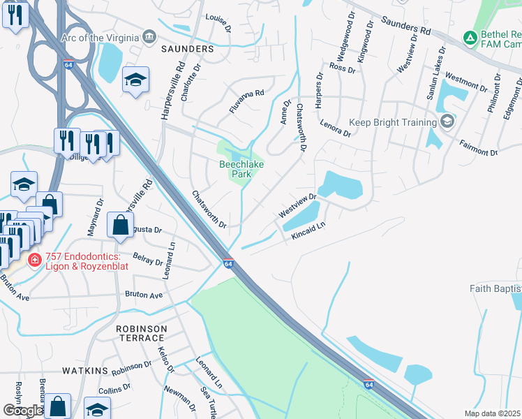 map of restaurants, bars, coffee shops, grocery stores, and more near 770 Chatsworth Drive in Newport News