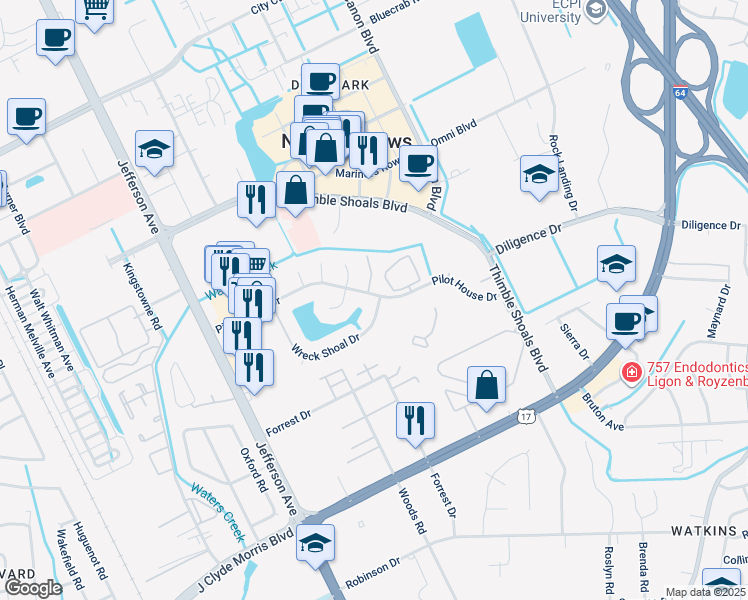 map of restaurants, bars, coffee shops, grocery stores, and more near 159 Wreck Shoal Drive in Newport News