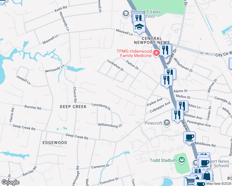map of restaurants, bars, coffee shops, grocery stores, and more near 137 Parker Avenue in Newport News