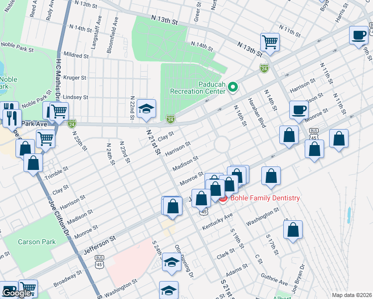 map of restaurants, bars, coffee shops, grocery stores, and more near 1916 Harrison Street in Paducah
