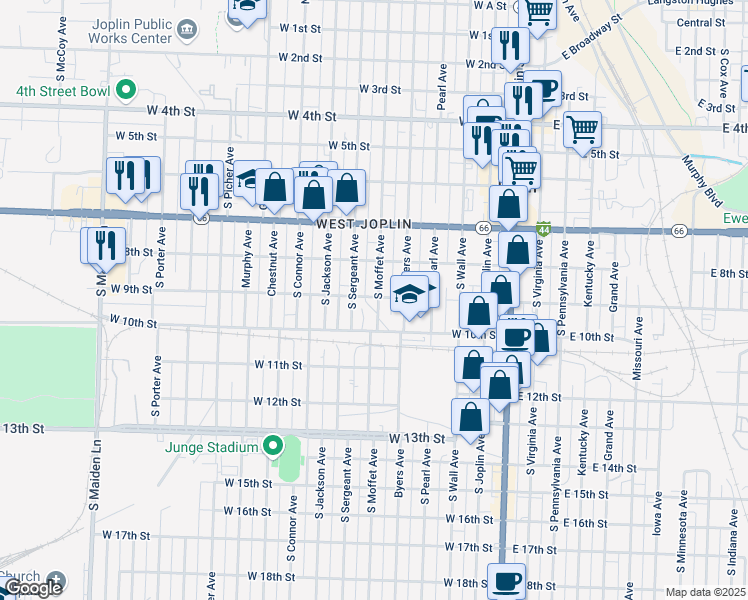 map of restaurants, bars, coffee shops, grocery stores, and more near 906 South Moffet Avenue in Joplin