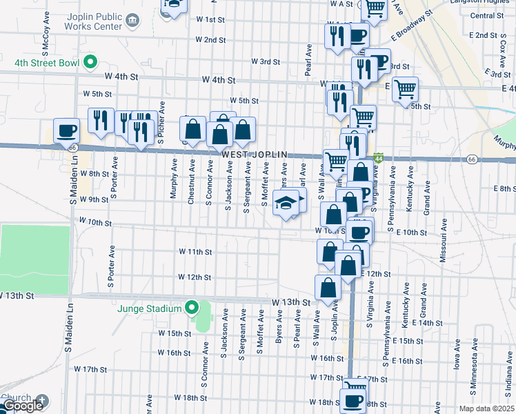 map of restaurants, bars, coffee shops, grocery stores, and more near 906 South Moffet Avenue in Joplin