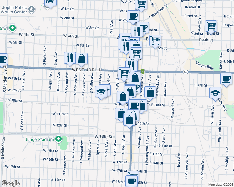 map of restaurants, bars, coffee shops, grocery stores, and more near in Joplin
