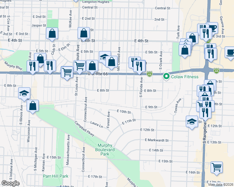 map of restaurants, bars, coffee shops, grocery stores, and more near 2222 East 8th Street in Joplin